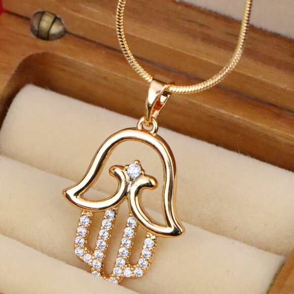 "Rose Gold Hamsa Hand Pendant in Gold Plated Brass with Accents, XPPT1760 - Picture 1 of 13